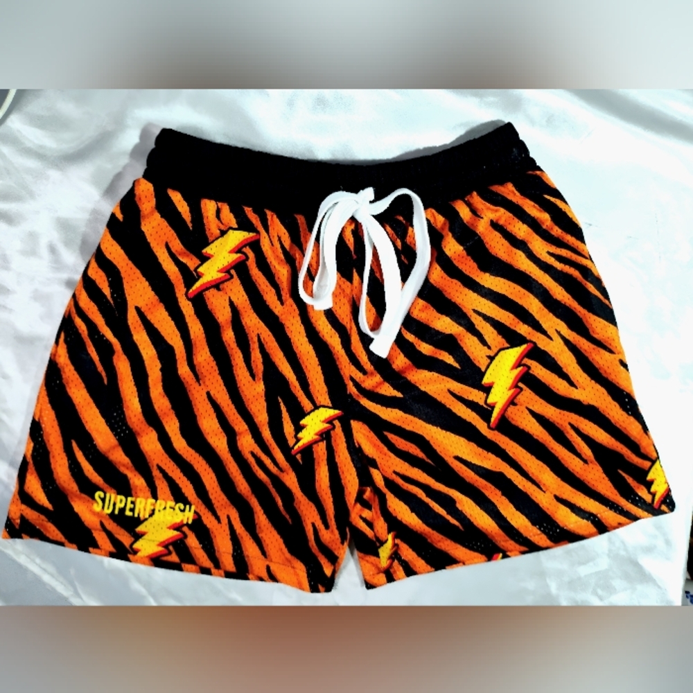Superfresh Men’s Medium Tiger Stripe Mesh Shorts Orange Black